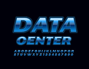 Vector modern poster Data Center. Unique Blue Font. Glossy Techno Alphabet Letters and Numbers set