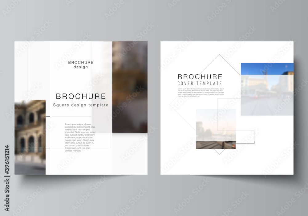 Poster vector layout of two square format covers design templates with geometric simple shapes, lines and p