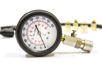 Close up of compression meter use for measure car cylinder compression on white background, Isolated.