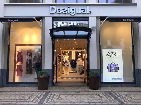 Lelystad, Flevoland, the Netherlands - June 3, 2018: Entrance of Desigual fashion outlet store in Batavia Stad in the city of Lelystad.