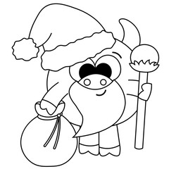 Cartoon bull Santa in black and white