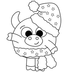 Cute bull in a Christmas hat in black and white