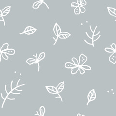Seamless pattern with abstract flowers on grey background, doodle