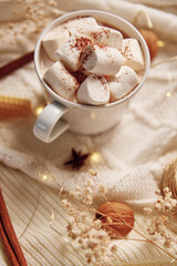 Cup of hot chocolate with marshmallow and christmas decorations. Winter cozy home concept
