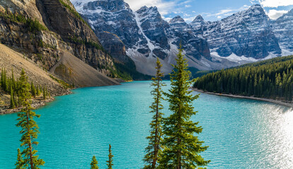 Moraine lake beautiful landscape in summer sunny day morning. Sparkle turquoise blue water,...