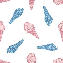 Seamless pattern with hand drawn pastel ice cream cones