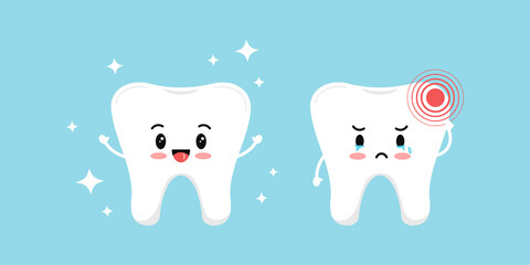 Healty tooth and with pain ache isolated on blue background. Cute sick teeth character. Flat cartoon dental kids character with hurt vector illustration. Dentistry hygiene prevention treatment concept