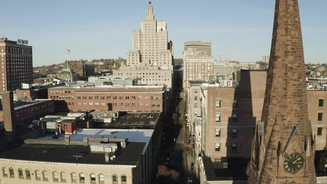 Cityscape Westminster Street Downtown, Providence Rhode Island, drone aerial