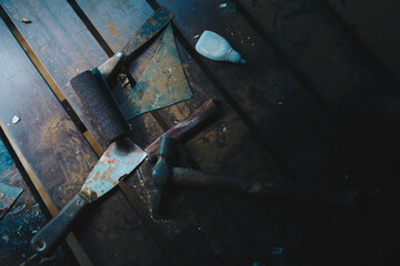 Work tools and instruments on wooden background