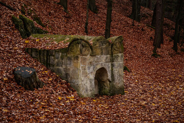 Sarcophagus on the top of sandstone rock formation, Hiking Golden Trail of Bohemian Paradise near Vranov castle Pantheon, Mala Skala, Czech Republic