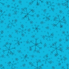 Seamless Christmas pattern doodle with hand random drawn snowflakes.Wrapping paper for presents, funny textile fabric print, design,decor, food wrap, backgrounds. new year.Raster copy.Sky blue, black
