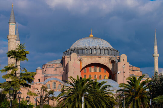 historical Hagia Sophia mosque, museum, church in Istanbul. place of worship, muslim and christian place of worship, blue sky and white clouds
