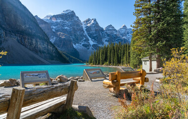 Moraine lake lakeshore trail in summer sunny day morning. Beautiful landscape in Banff National...