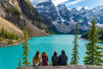Moraine Lake Rockpile Trail in summer sunny day morning, Tourists enjoying the beautiful scenery....