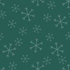 Seamless Christmas pattern doodle with hand random drawn snowflakes.Wrapping paper for presents, funny textile fabric print, design,decor, food wrap, backgrounds. new year.Raster copy.Green, gray