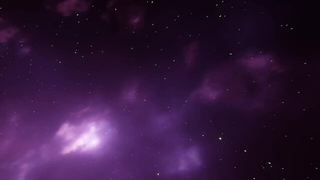 CGI Loopable Space Travel Forward Animation Through Purple and Orange Nebula Clouds and Star Clusters.