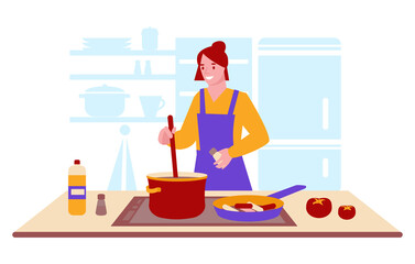 Young woman cooks soup at home. Kitchen interior. Home food concept. Vector illustration in flat style.