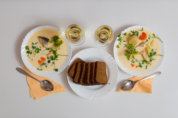 Salmon fish soup. Culinary background with selective focus