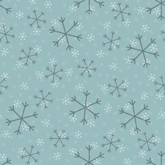 Seamless Christmas pattern doodle with hand random drawn snowflakes.Wrapping paper for presents, funny textile fabric print, design,decor, food wrap, backgrounds. new year.Raster copy.Sky gray, lilac