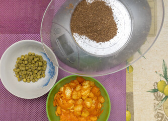ingredients for brewing beer, hops, orange peel and coriander