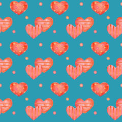 seamless pattern with red watercolor hearts on bright green background