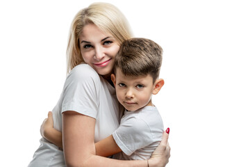 Mom and son hug tenderly. Love, understanding and tenderness. Close-up. Isolated on white background.