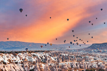 Hot air balloon flying over spectacular Cappadocia
