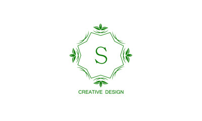 Stylish floral green logo with the letter S on a white background. Vintage elegant monogram, invitation, postcard, restaurant, boutique, cafe.
