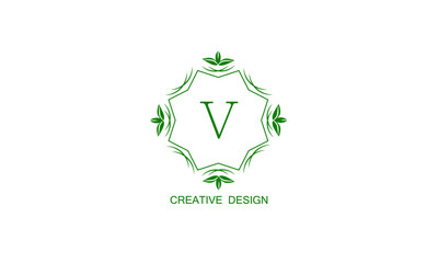 Stylish floral green logo with the letter V on a white background. Vintage elegant monogram, invitation, postcard, restaurant, boutique, cafe.