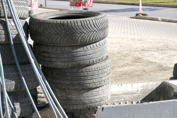 old car tires from tire repair shop, car tire tires for recycling,