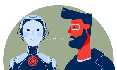 Concept banner with man using his voice to command to the robot. Robotic voice assistant concept. Trendy bright linear illustration. At home and work, everywhere