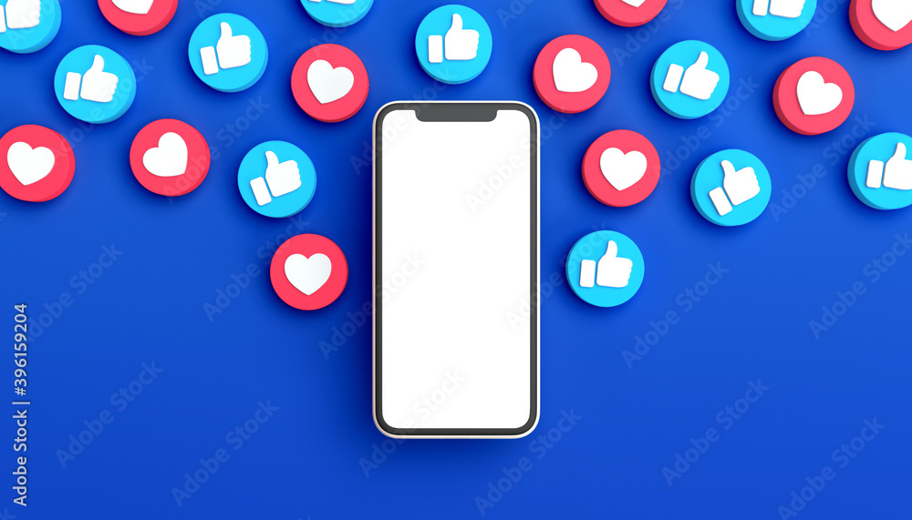 Poster social network post mockup in a phone surrounded by like notifications. 3d rendering. white screen