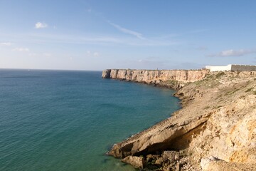 Fototapeta na wymiar Beautiful morning on the cliffs of azure Atlantic ocean in Sagres