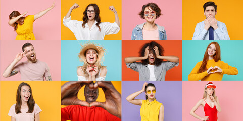 Photo set collage of faces of multiethnic diverse emotional people, men and women group different ages wearing casual clothes isolated on colorful background studio portraits. Human facial expressions