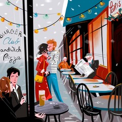Christmas time illustration. Christmas romance, love story. Winter cafe. Perfect for postcard design - 396159668