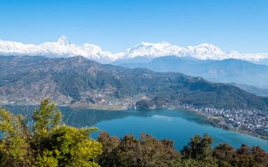 Fototapeta premium Himalaya mountain view and Fewa lake, Nepal 