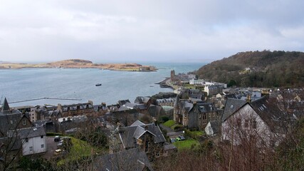 Oban city view - Scottish coastal town from above on a cold winter day