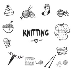 knitting doodle set vector illustration. Icons I like to knit, balls of wool, knitting needles and crochet hooks. cute graphic design elements.