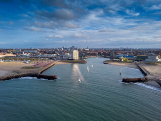 aerial view of a jetty at the entrance of the harbour of Scheveningen