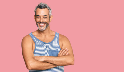 Middle age grey-haired man wearing casual style with sleeveless shirt happy face smiling with...