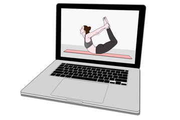 パソコン画面に映るヨガポーズの女性
