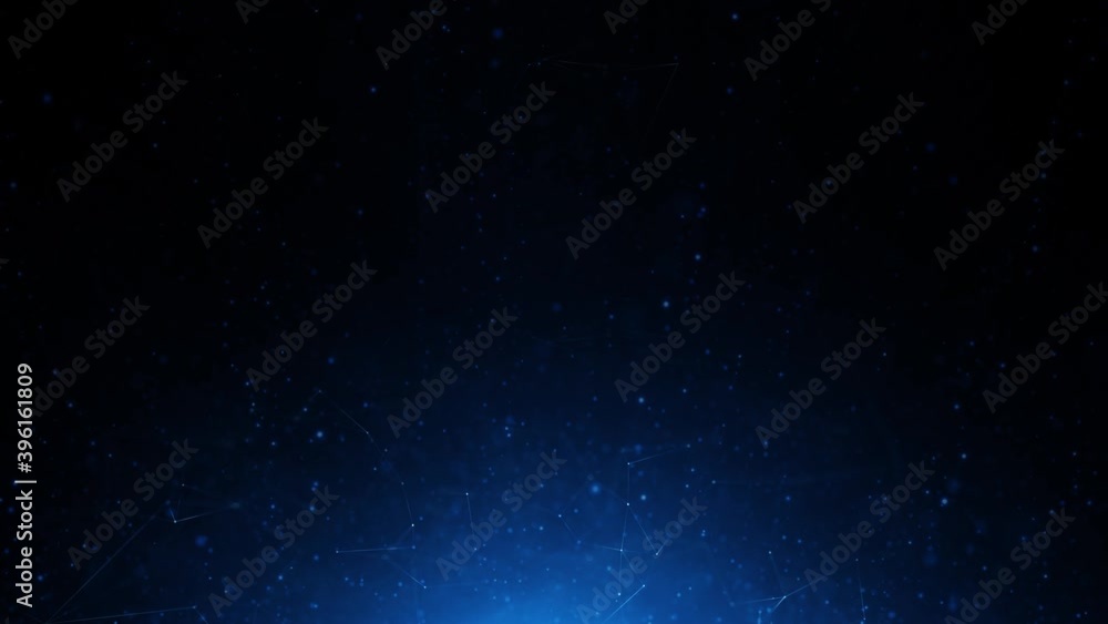 Poster dark blue features animated technology based shapes, connected blurry lines and dots background.