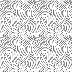 Background of a thin black line on a white background. One line. Linear style. An imprint, a twisting curve. Seamless pattern. Stock vector illustration.