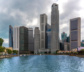 Fototapeta na wymiar A view from a boat towards downtown Singapore, Asia