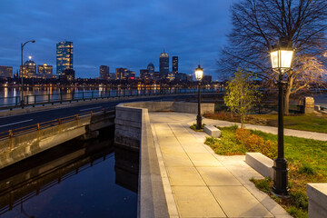 Boston skyline scene with streetlights