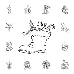 Winter boot with gifts inside vector illustration in color and outline sketch style on white background