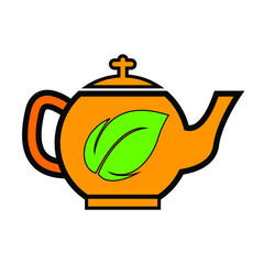 Yellow teapot and green leaf on white background, sign for design, vector illustration