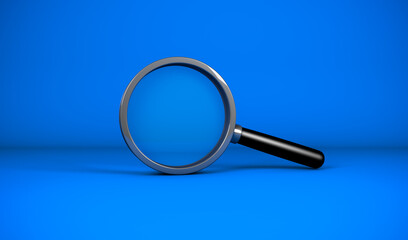 3D rendering, Close up realistic Magnifying glass, blank empty space for your copy or design, search icon or symbolic concept, blue color background.