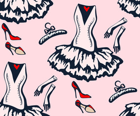 Hand drawn vector classic clothes and accessories. Hand drawn ink illustration. Modern ornamental decorative background. Vector pattern. Print for textile, cloth, wallpaper, scrapbooking