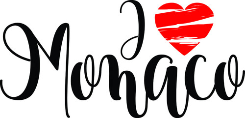 I Love Monaco Country Name Bold Calligraphy Black Color Text With Red Heart 